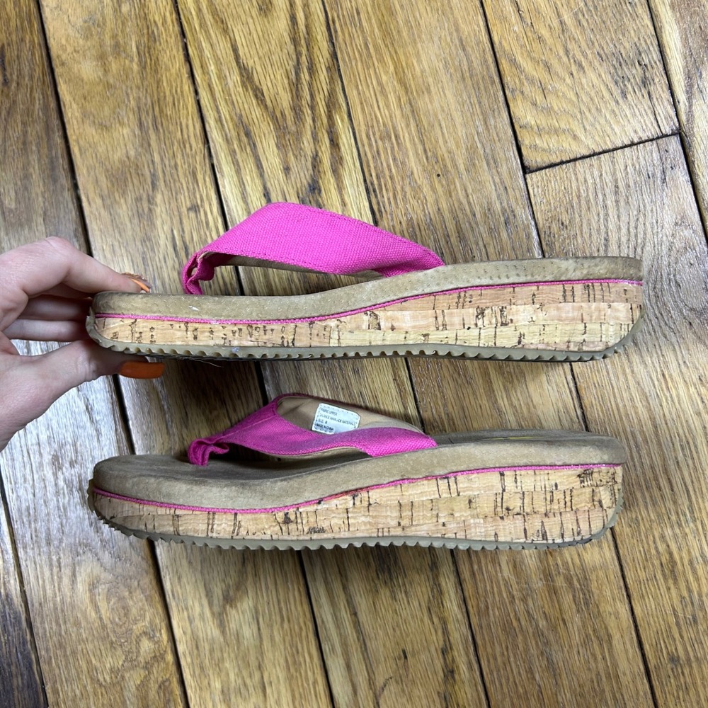 Y2K Volatile Pink Fabric Cork Wedge Platform Flip‎ Flops Sandals Womens Size 8 - Picture 2 of 6